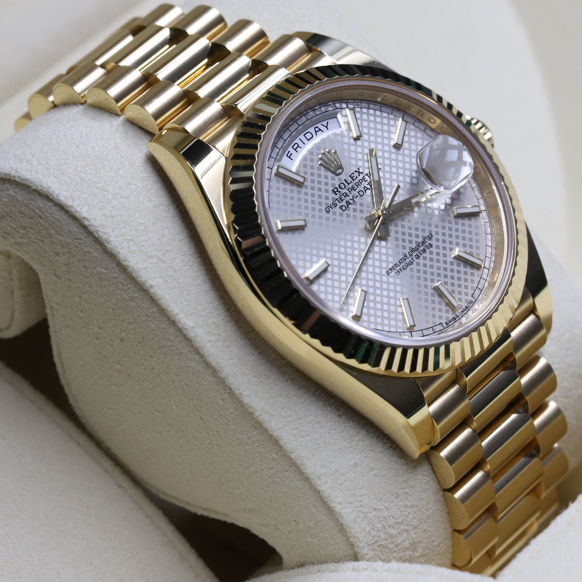 Rolex<br>228238 DayDate 40 Silver Diagonal Motif Dial