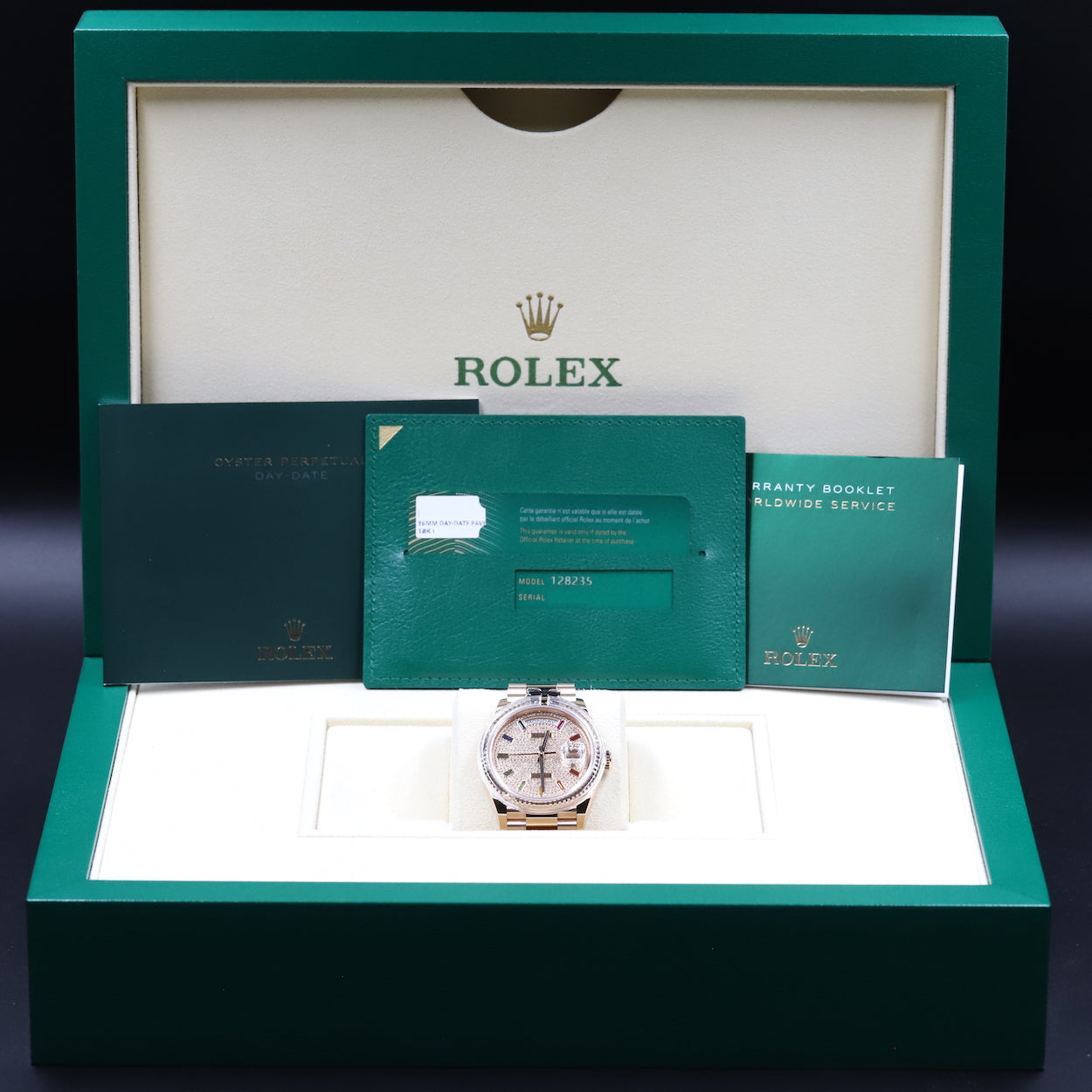 Rolex<br>128235 Day-Date 36 Pave Rainbow Dial