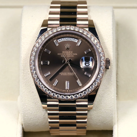 Rolex<br>228345RBR DayDate 40 Rose Gold Baguette Diamond Dial Diamond Bezel