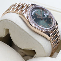 Rolex<br>228345RBR DayDate 40 Rose Gold Diamond Bezel Green Dial