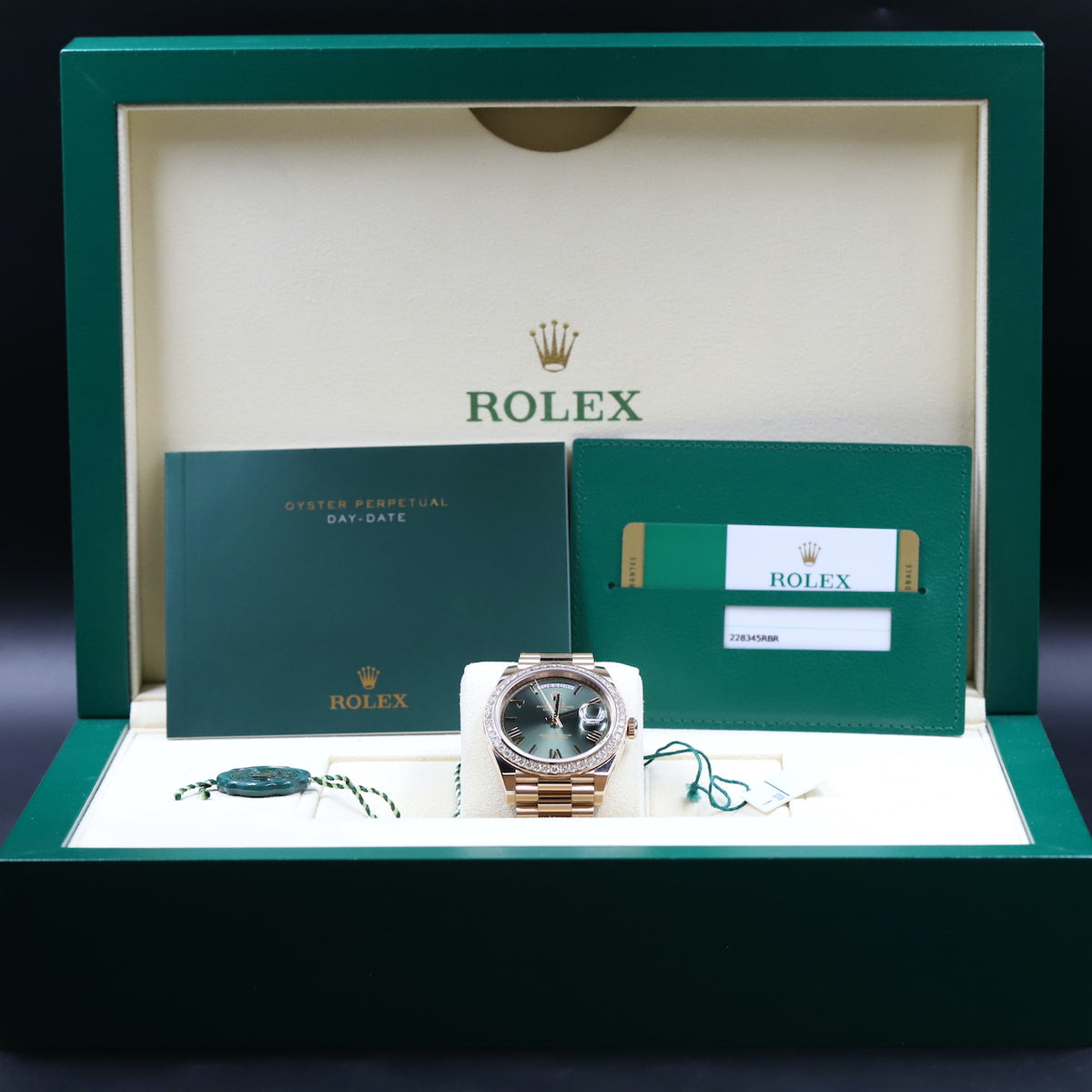 Rolex<br>228345RBR DayDate 40 Rose Gold Diamond Bezel Green Dial
