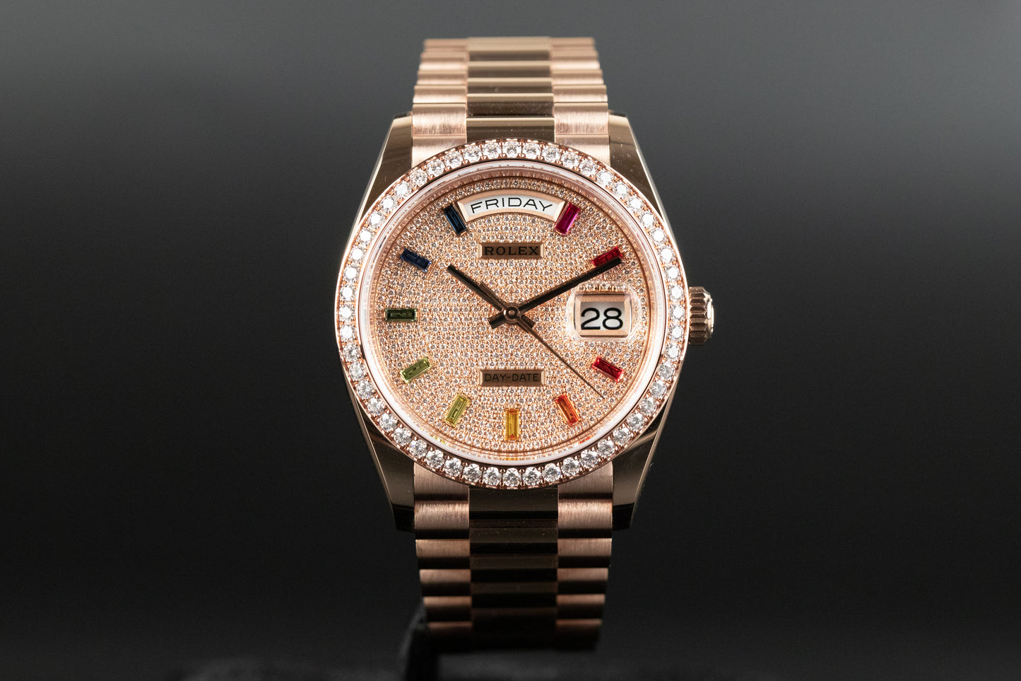 Rolex 128345RBR Day-Date 36 Diamond Bezel Pave Diamond Dial Rainbow