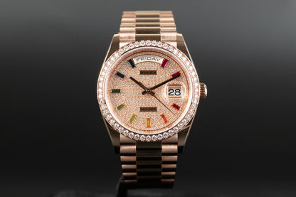 Rolex 128345RBR Day-Date 36 Diamond Bezel Pave Diamond Dial Rainbow