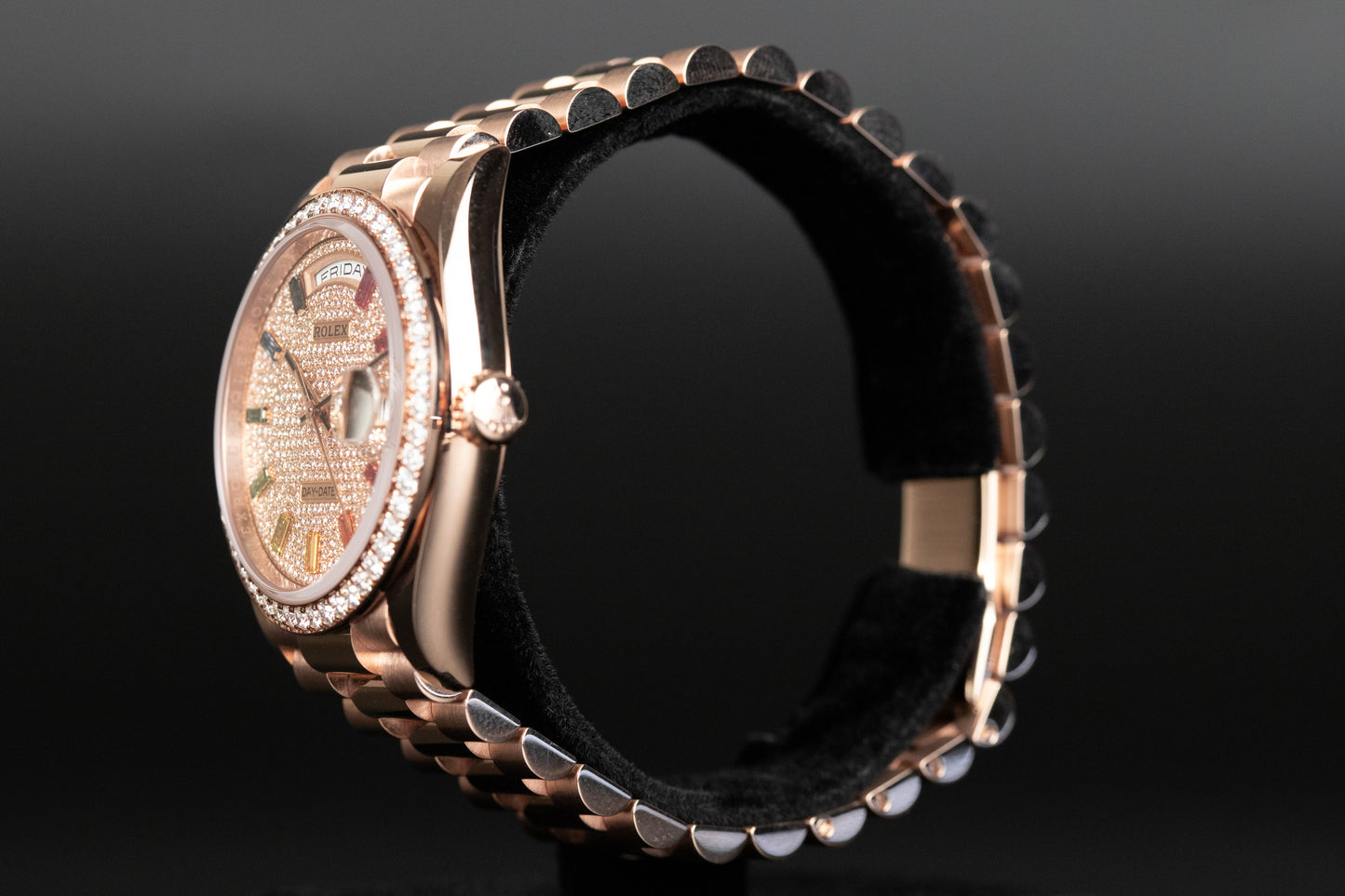 Rolex 128345RBR Day-Date 36 Diamond Bezel Pave Diamond Dial Rainbow