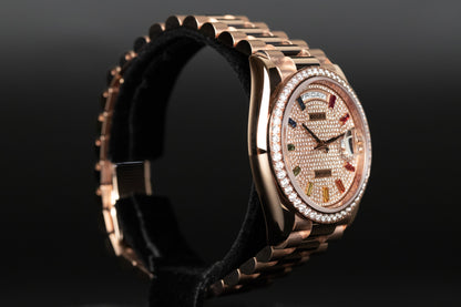 Rolex 128345RBR Day-Date 36 Diamond Bezel Pave Diamond Dial Rainbow
