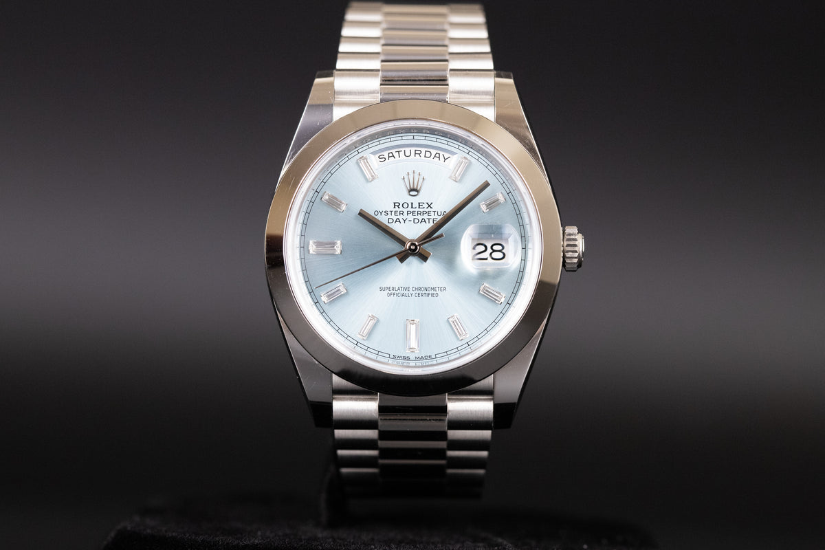 Rolex<br>228206 DayDate 40 Ice Blue Baguette Dial