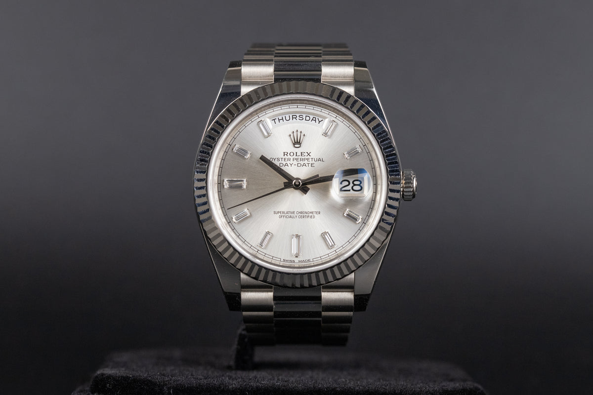 228239 Rolex228239 DayDate 40 Silver Baguette Diamond Dial – Newport Watch Club
