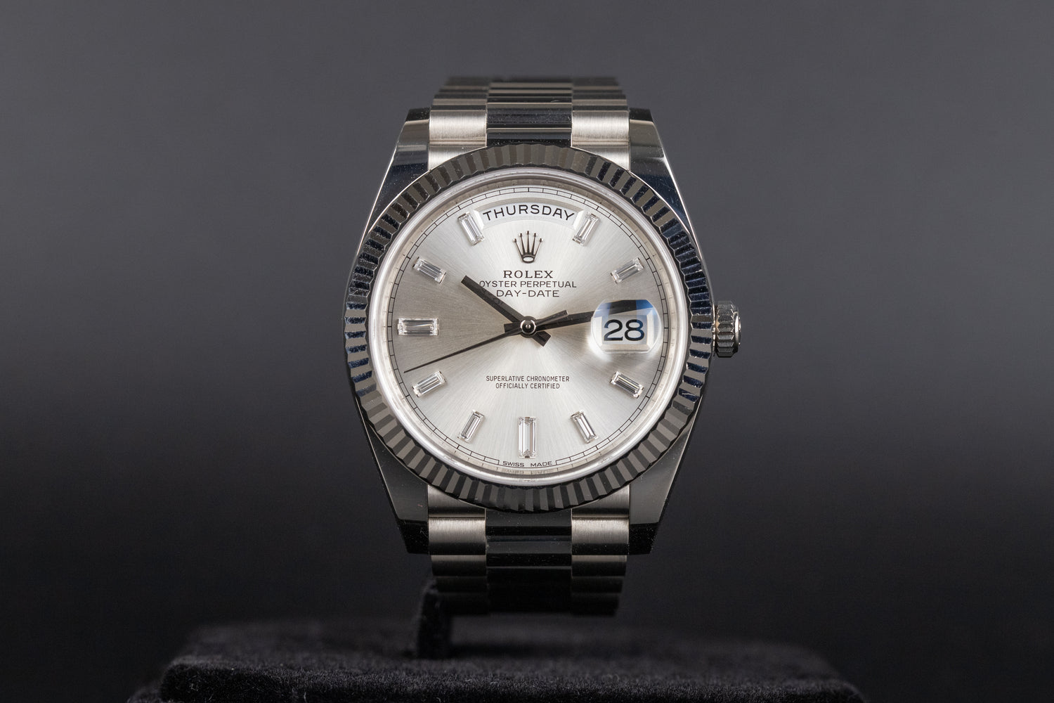 Rolex<br>228239 DayDate 40 Silver Baguette Diamond Dial