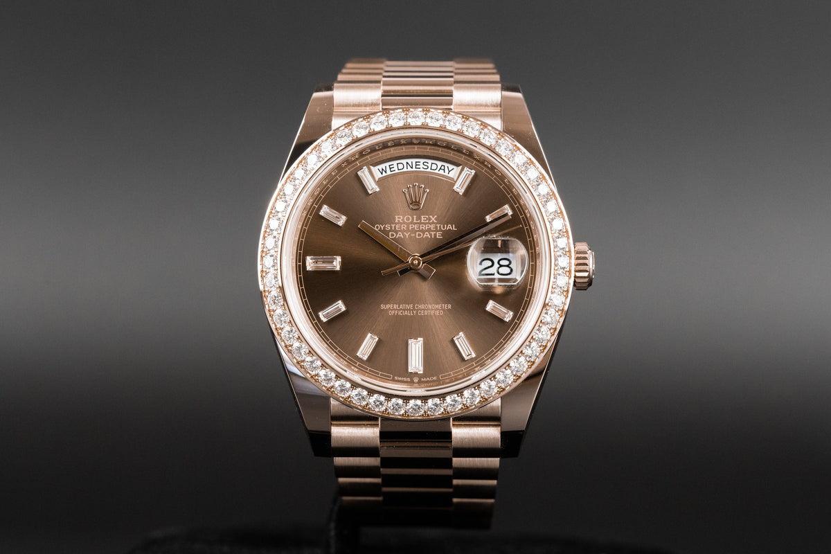 Rolex<br>228345RBR DayDate 40 Rose Gold Baguette Diamond Dial Diamond Bezel