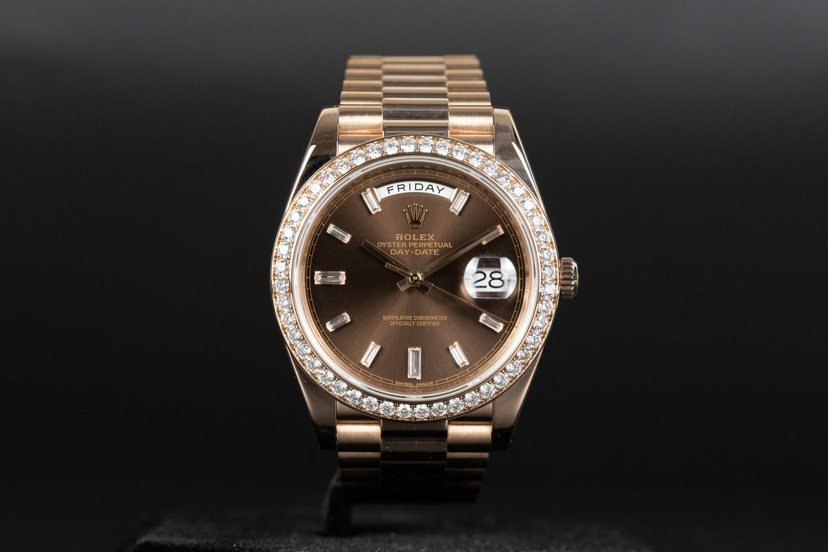 Rolex<br>228345RBR DayDate 40 Rose Gold Baguette Diamond Dial Diamond Bezel