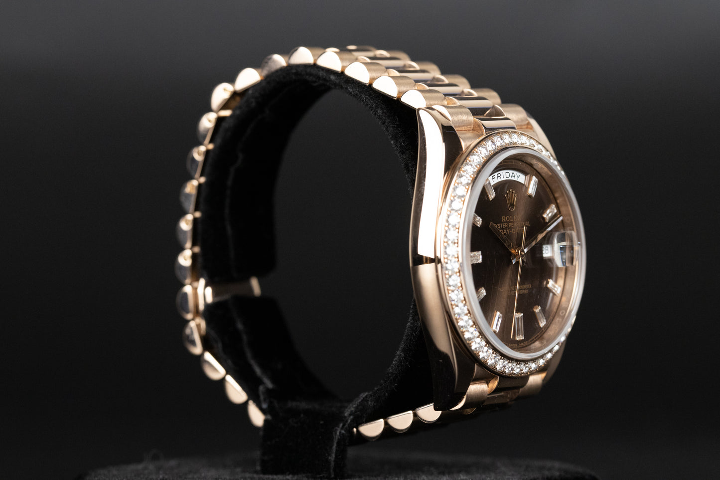 Rolex 228345RBR DayDate 40 Rose Gold Baguette Diamond Dial Diamond Bezel