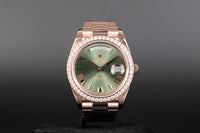 Rolex<br>228345RBR DayDate 40 Rose Gold Diamond Bezel Olive Green Dial