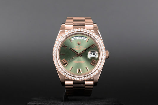 Rolex 228345RBR DayDate 40 Rose Gold Diamond Bezel Olive Green Dial