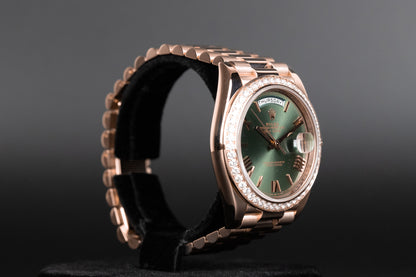 Rolex 228345RBR DayDate 40 Rose Gold Diamond Bezel Olive Green Dial