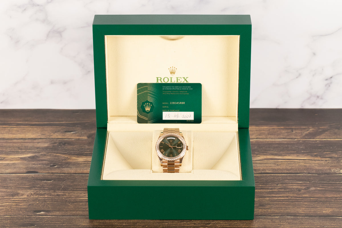 Rolex<br>228345RBR DayDate 40 Rose Gold Diamond Bezel Olive Green Dial