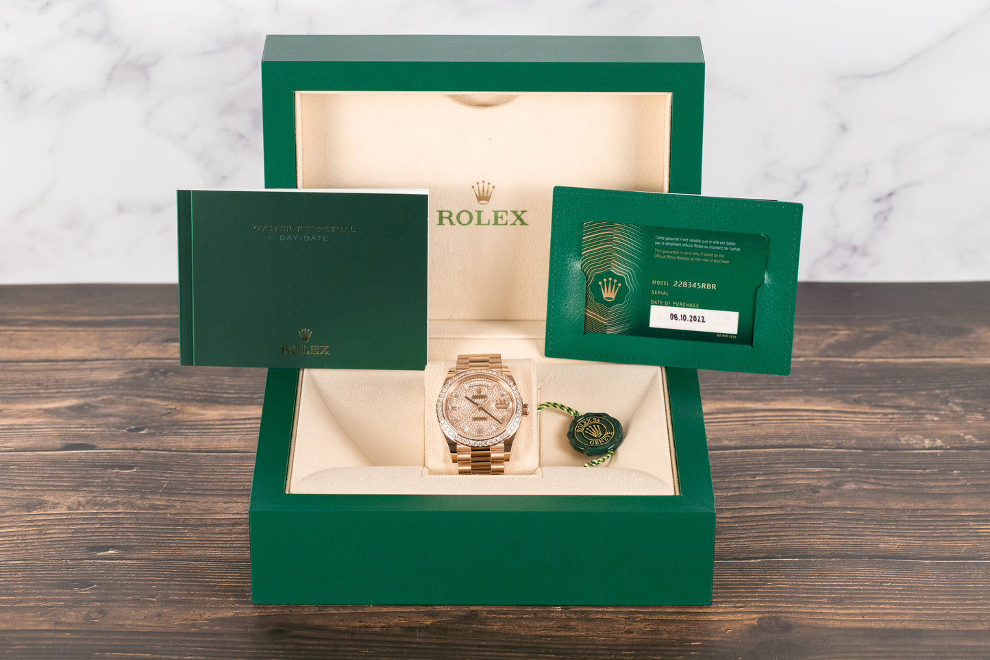 Rolex 228345RBR DayDate 40 Rose Gold Pave Diamond Dial Diamond Bezel