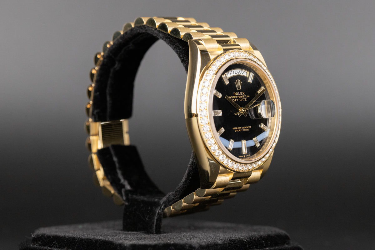 Rolex<br>228348RBR DayDate 40 Baguette Diamond Onyx Dial Diamond Bezel