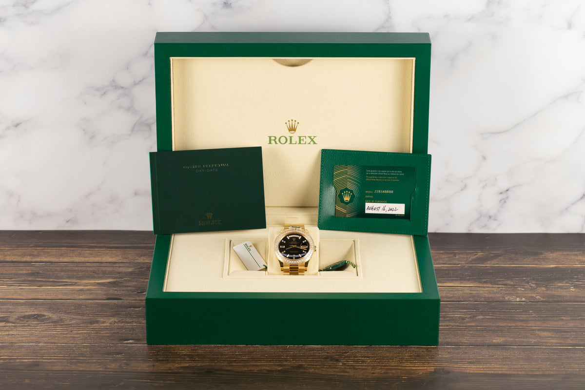 Rolex<br>228348RBR DayDate 40 Baguette Diamond Onyx Dial Diamond Bezel