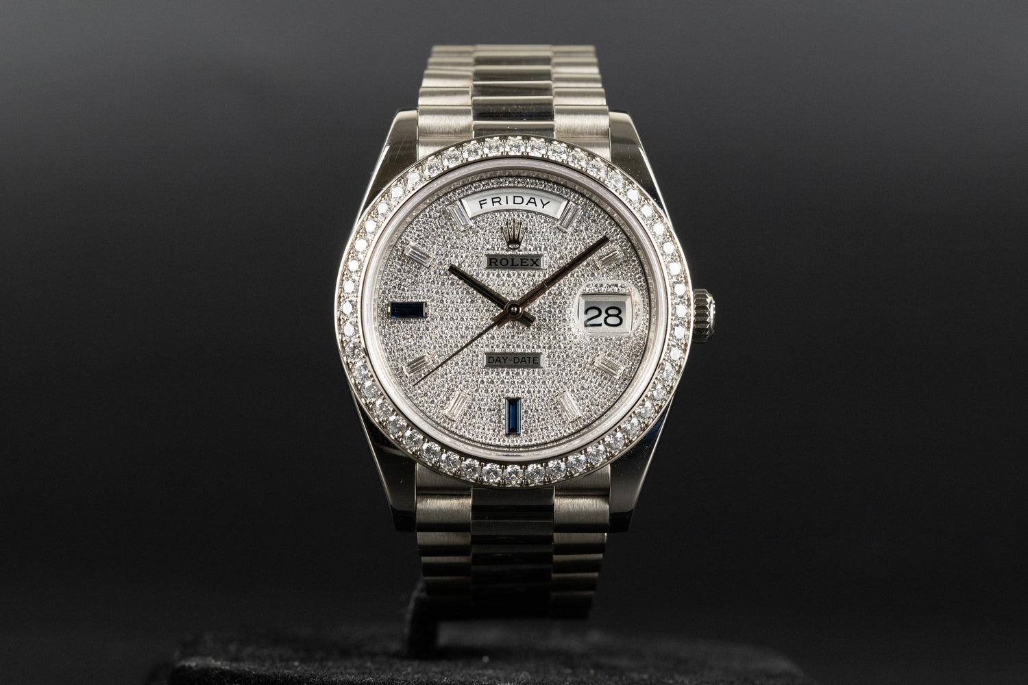 Rolex 228349RBR DayDate 40 White Gold Diamond Bezel Pave Sapphire Dial