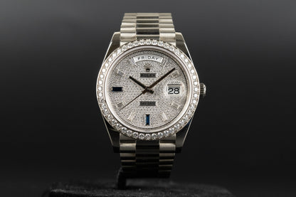 Rolex 228349RBR DayDate 40 White Gold Diamond Bezel Pave Sapphire Dial